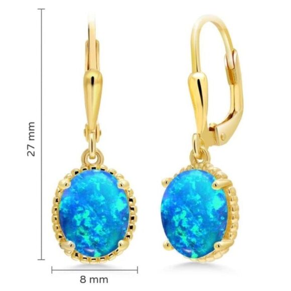 18K Yellow Gold 925 with 1.12 Cttw Blue Opal Oval Leverback Hook Earrings - Picture 4 of 4